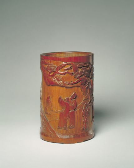 清時代 老紫檀の木 彫り 和合鴛鴦超大號文房筆筒」極細工