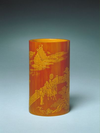 竹雕留青人物楼阁图笔筒