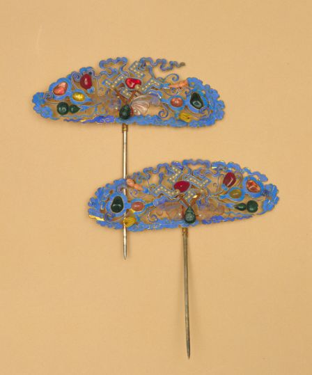 铜镀金点翠镶料石子孙万代头花