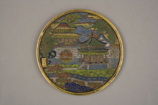 乾隆款掐丝珐琅山水楼阁图铜镜